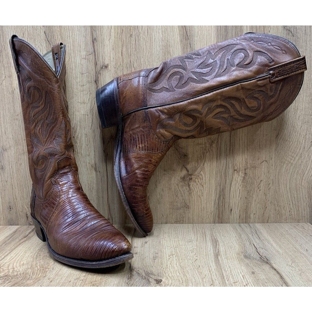 Dan Post Teju Lizard Cowboy Boots Mens 9.5 D Cognac Brown Exotic Western USA